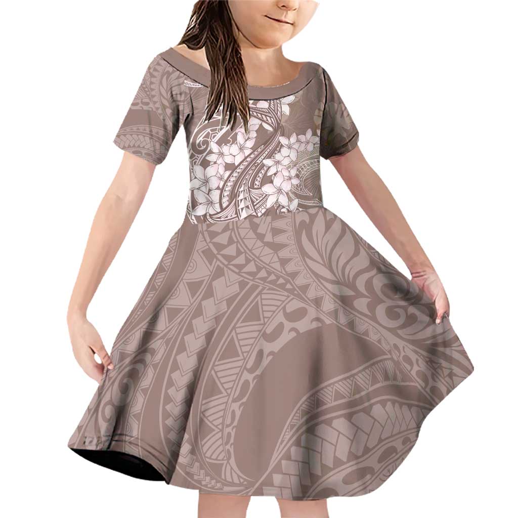 Polynesia Hammerhead Shark Tattoo With Plumeria Lei Family Matching Off Shoulder Short Dress and Hawaiian Shirt LT14 Daughter's Dress Mocha - Polynesian Pride