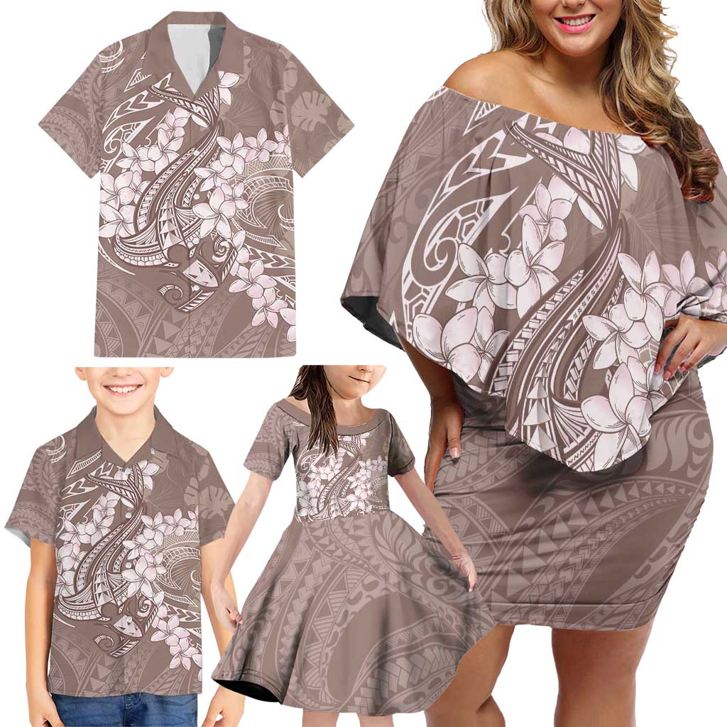 Polynesia Hammerhead Shark Tattoo With Plumeria Lei Family Matching Off Shoulder Short Dress and Hawaiian Shirt LT14 - Polynesian Pride