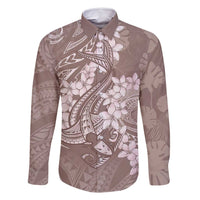 Polynesia Hammerhead Shark Tattoo With Plumeria Lei Family Matching Off Shoulder Short Dress and Hawaiian Shirt LT14 Dad's Shirt - Long Sleeve Mocha - Polynesian Pride
