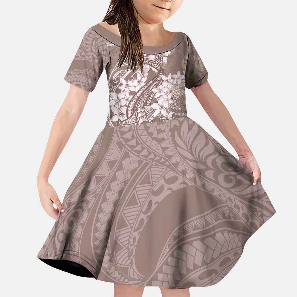 Polynesia Hammerhead Shark Tattoo With Plumeria Lei Family Matching Puletasi and Hawaiian Shirt LT14 Daughter's Dress Mocha - Polynesian Pride