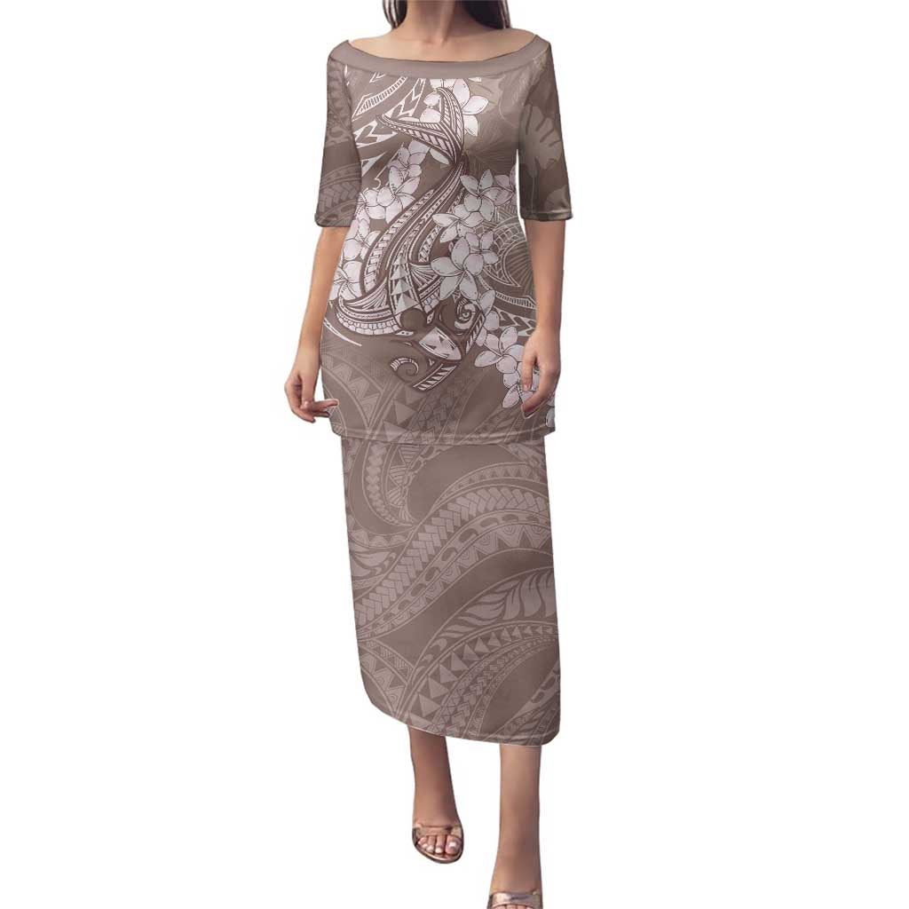 Polynesia Hammerhead Shark Tattoo With Plumeria Lei Family Matching Puletasi and Hawaiian Shirt LT14 Mom's Dress Mocha - Polynesian Pride