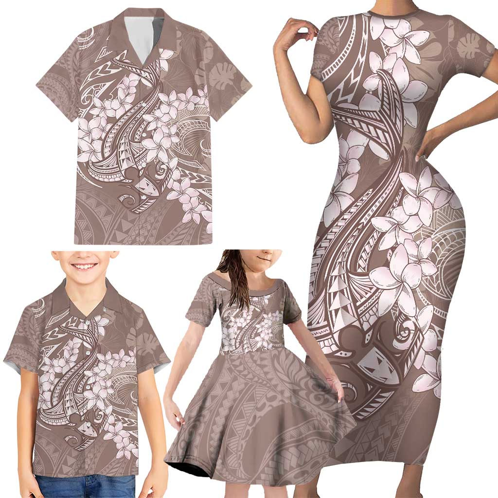 Polynesia Hammerhead Shark Tattoo With Plumeria Lei Family Matching Short Sleeve Bodycon Dress and Hawaiian Shirt LT14 - Polynesian Pride