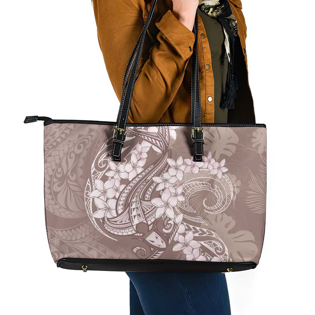 Polynesia Hammerhead Shark Tattoo With Plumeria Lei Leather Tote Bag