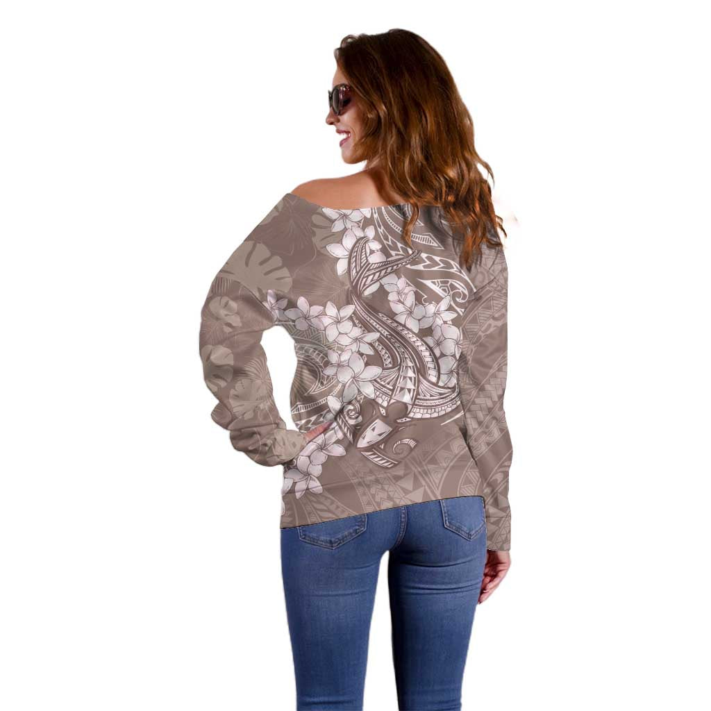 Polynesia Hammerhead Shark Tattoo With Plumeria Lei Off Shoulder Sweater
