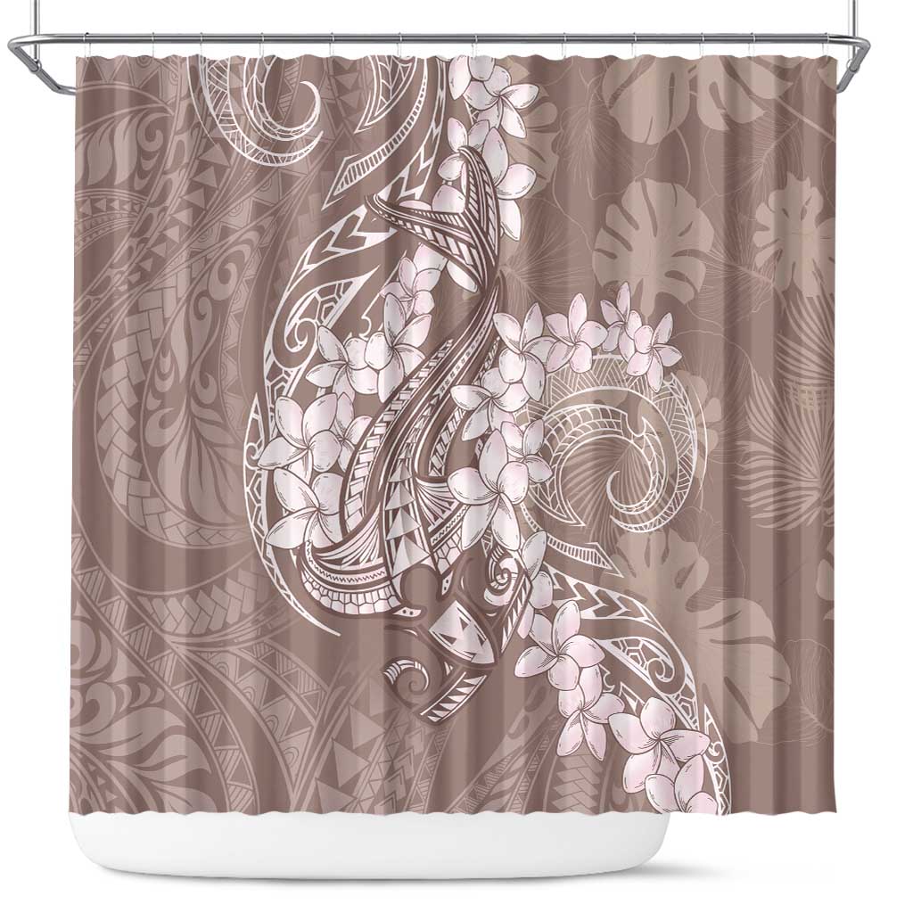 Polynesia Hammerhead Shark Tattoo With Plumeria Lei Shower Curtain LT14 Mocha - Polynesian Pride