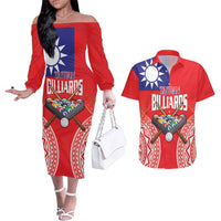 Personalised Taiwan Billiards Couples Matching Off The Shoulder Long Sleeve Dress and Hawaiian Shirt Eight-ball Pool Polynesia Tattoo LT14 Red - Polynesian Pride