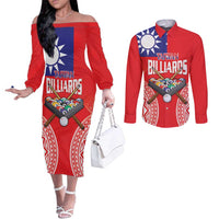 Personalised Taiwan Billiards Couples Matching Off The Shoulder Long Sleeve Dress and Long Sleeve Button Shirt Eight-ball Pool Polynesia Tattoo LT14 Red - Polynesian Pride