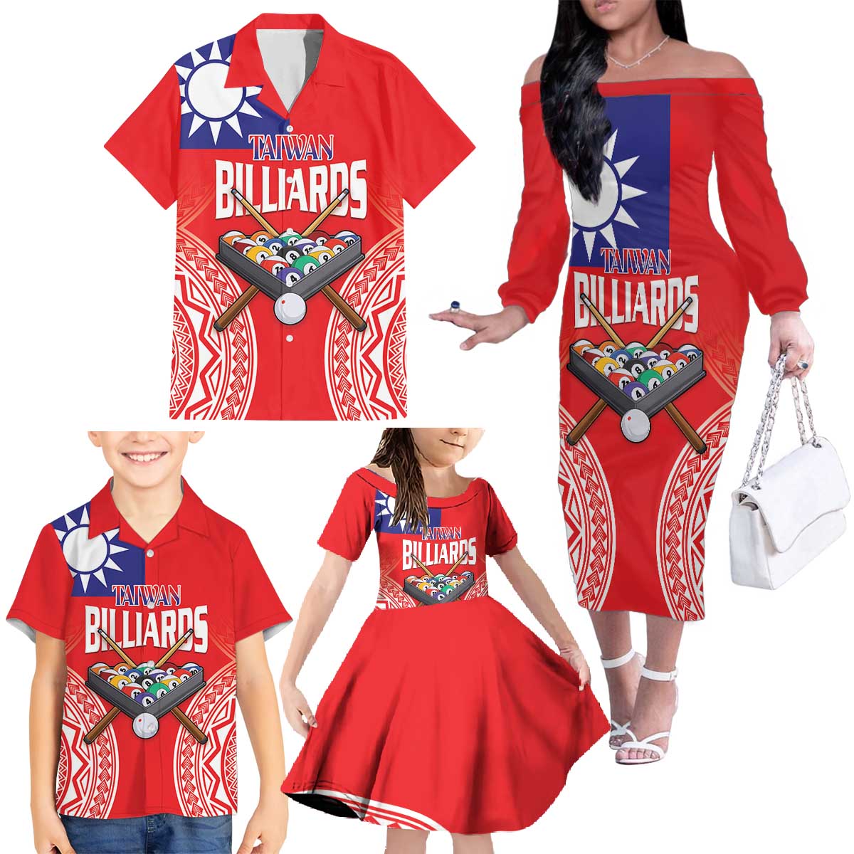 Personalised Taiwan Billiards Family Matching Off The Shoulder Long Sleeve Dress and Hawaiian Shirt Eight-ball Pool Polynesia Tattoo LT14 - Polynesian Pride