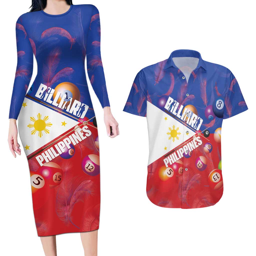 Personalised Philippines Billiards Couples Matching Long Sleeve Bodycon Dress and Hawaiian Shirt Cue With Balls Flag Style LT14 Red - Polynesian Pride