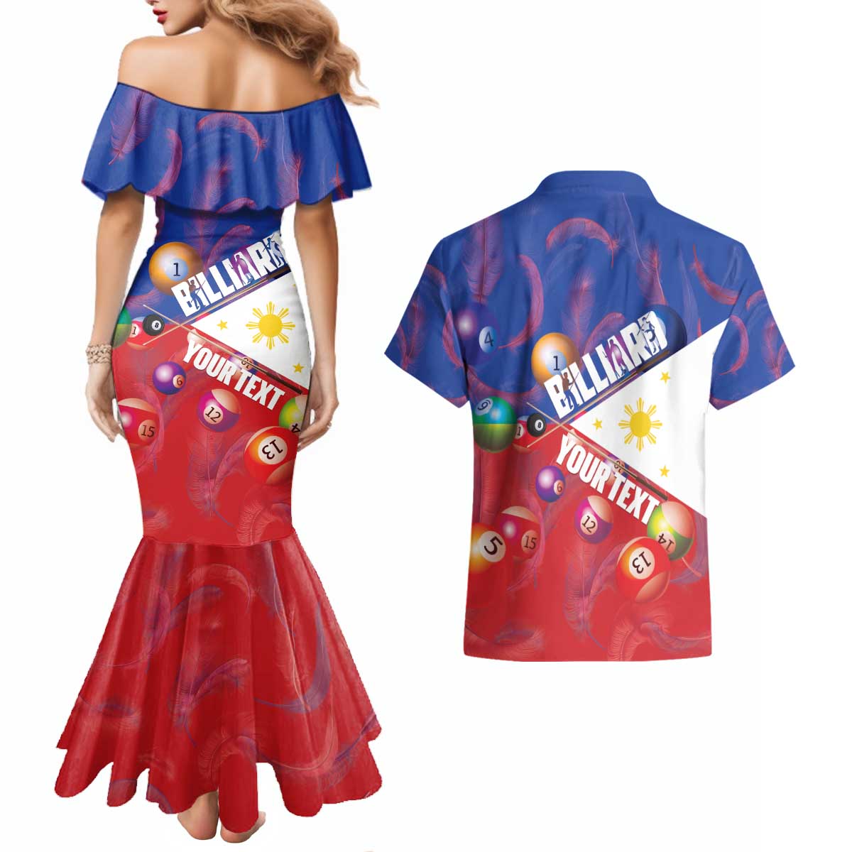 Personalised Philippines Billiards Couples Matching Mermaid Dress and Hawaiian Shirt Cue With Balls Flag Style LT14 - Polynesian Pride