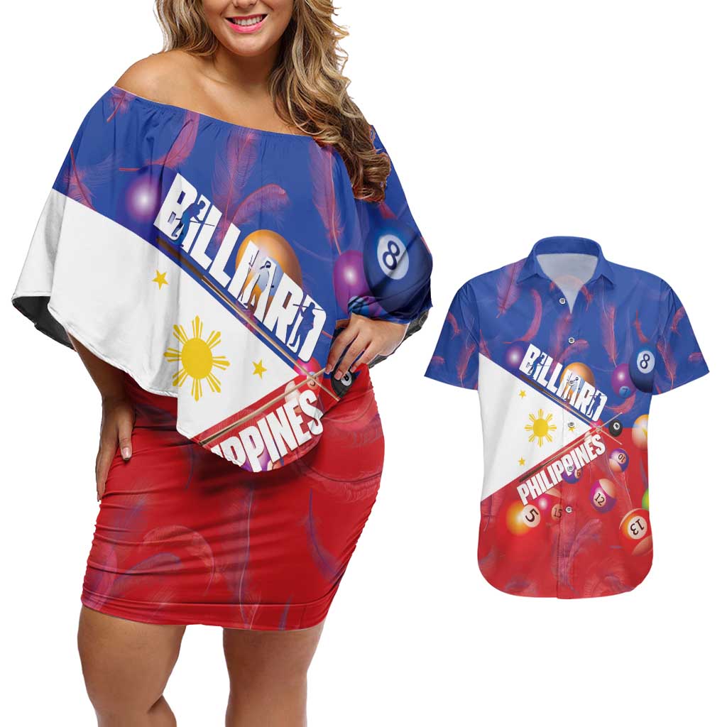Personalised Philippines Billiards Couples Matching Off Shoulder Short Dress and Hawaiian Shirt Cue With Balls Flag Style LT14 Red - Polynesian Pride