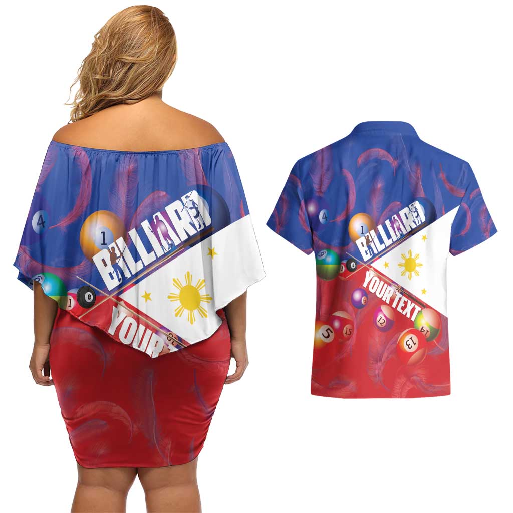 Personalised Philippines Billiards Couples Matching Off Shoulder Short Dress and Hawaiian Shirt Cue With Balls Flag Style LT14 - Polynesian Pride