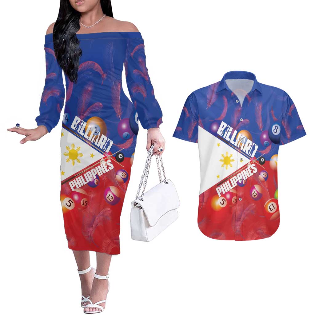 Personalised Philippines Billiards Couples Matching Off The Shoulder Long Sleeve Dress and Hawaiian Shirt Cue With Balls Flag Style LT14 Red - Polynesian Pride