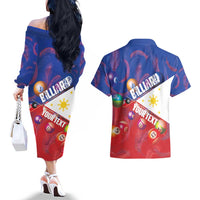 Personalised Philippines Billiards Couples Matching Off The Shoulder Long Sleeve Dress and Hawaiian Shirt Cue With Balls Flag Style LT14 - Polynesian Pride