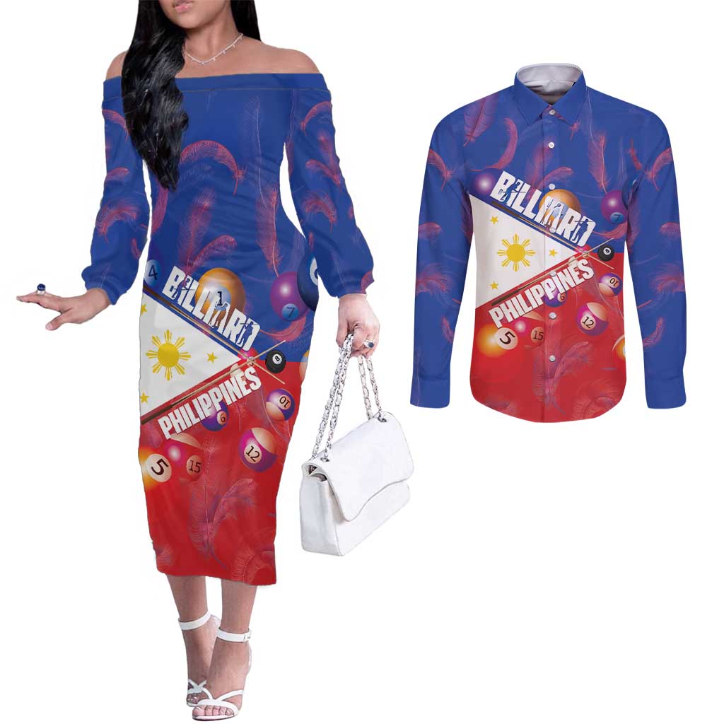 Personalised Philippines Billiards Couples Matching Off The Shoulder Long Sleeve Dress and Long Sleeve Button Shirt Cue With Balls Flag Style LT14 Red - Polynesian Pride