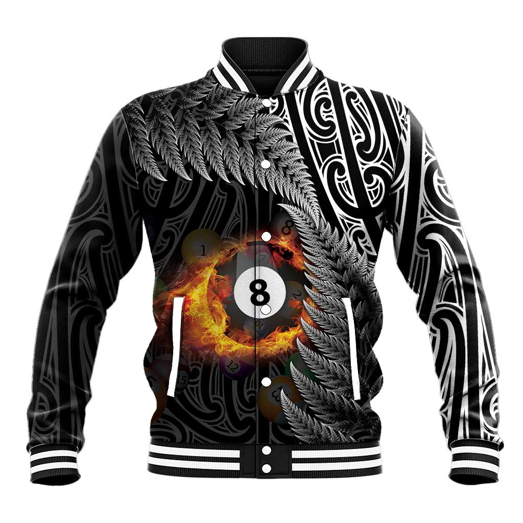 Personalised New Zealand Billiards Baseball Jacket Maori Fern On Fire 8 Ball LT14 Unisex Black - Polynesian Pride