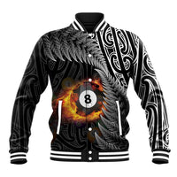Personalised New Zealand Billiards Baseball Jacket Maori Fern On Fire 8 Ball LT14 Unisex Black - Polynesian Pride