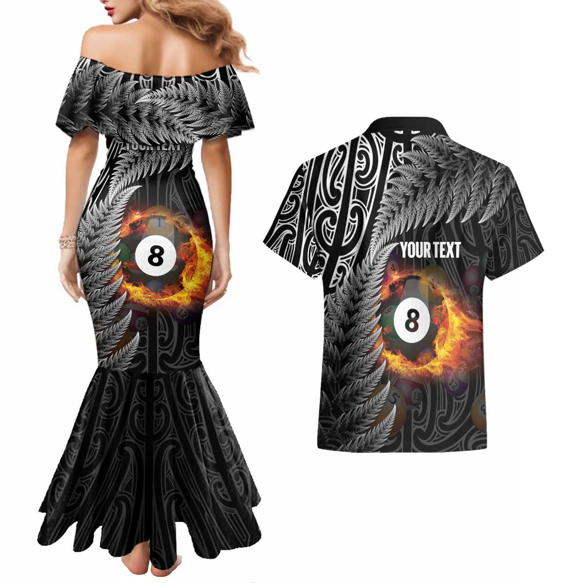 Personalised New Zealand Billiards Couples Matching Mermaid Dress and Hawaiian Shirt Maori Fern On Fire 8 Ball LT14 - Polynesian Pride