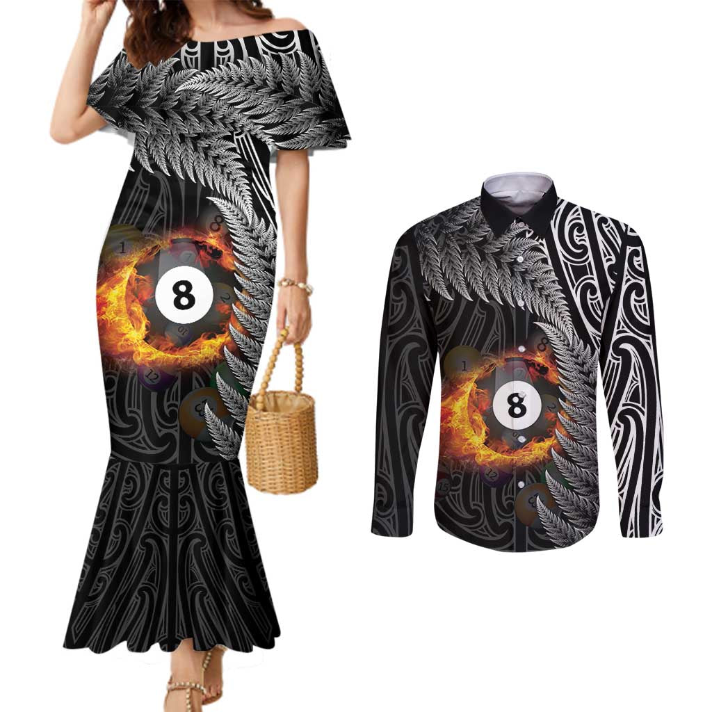 Personalised New Zealand Billiards Couples Matching Mermaid Dress and Long Sleeve Button Shirt Maori Fern On Fire 8 Ball LT14 Black - Polynesian Pride