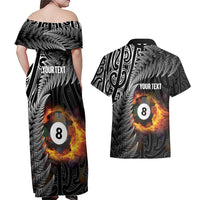 Personalised New Zealand Billiards Couples Matching Off Shoulder Maxi Dress and Hawaiian Shirt Maori Fern On Fire 8 Ball LT14 - Polynesian Pride