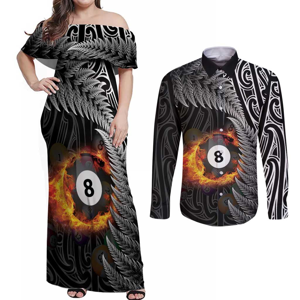 Personalised New Zealand Billiards Couples Matching Off Shoulder Maxi Dress and Long Sleeve Button Shirt Maori Fern On Fire 8 Ball LT14 Black - Polynesian Pride