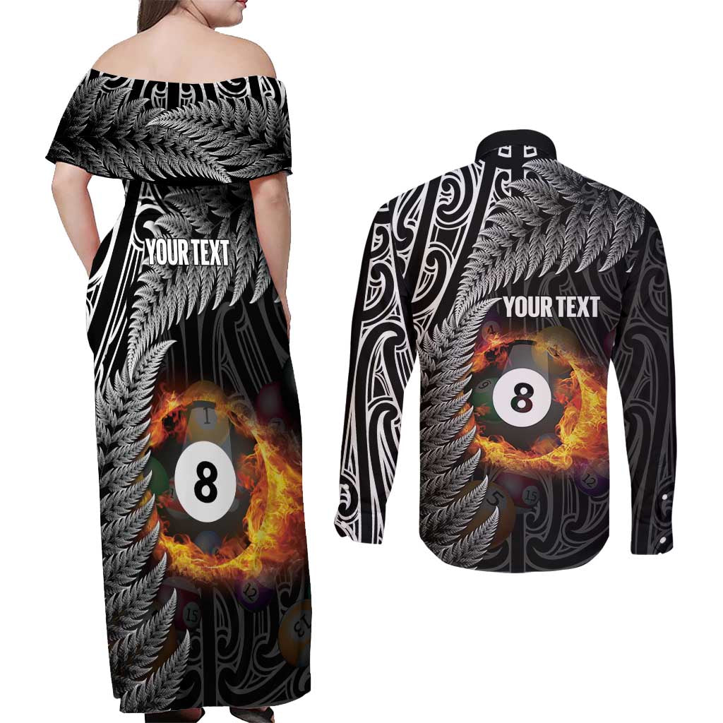Personalised New Zealand Billiards Couples Matching Off Shoulder Maxi Dress and Long Sleeve Button Shirt Maori Fern On Fire 8 Ball LT14 - Polynesian Pride