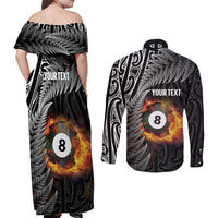 Personalised New Zealand Billiards Couples Matching Off Shoulder Maxi Dress and Long Sleeve Button Shirt Maori Fern On Fire 8 Ball LT14 - Polynesian Pride