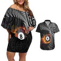Personalised New Zealand Billiards Couples Matching Off Shoulder Short Dress and Hawaiian Shirt Maori Fern On Fire 8 Ball LT14 Black - Polynesian Pride