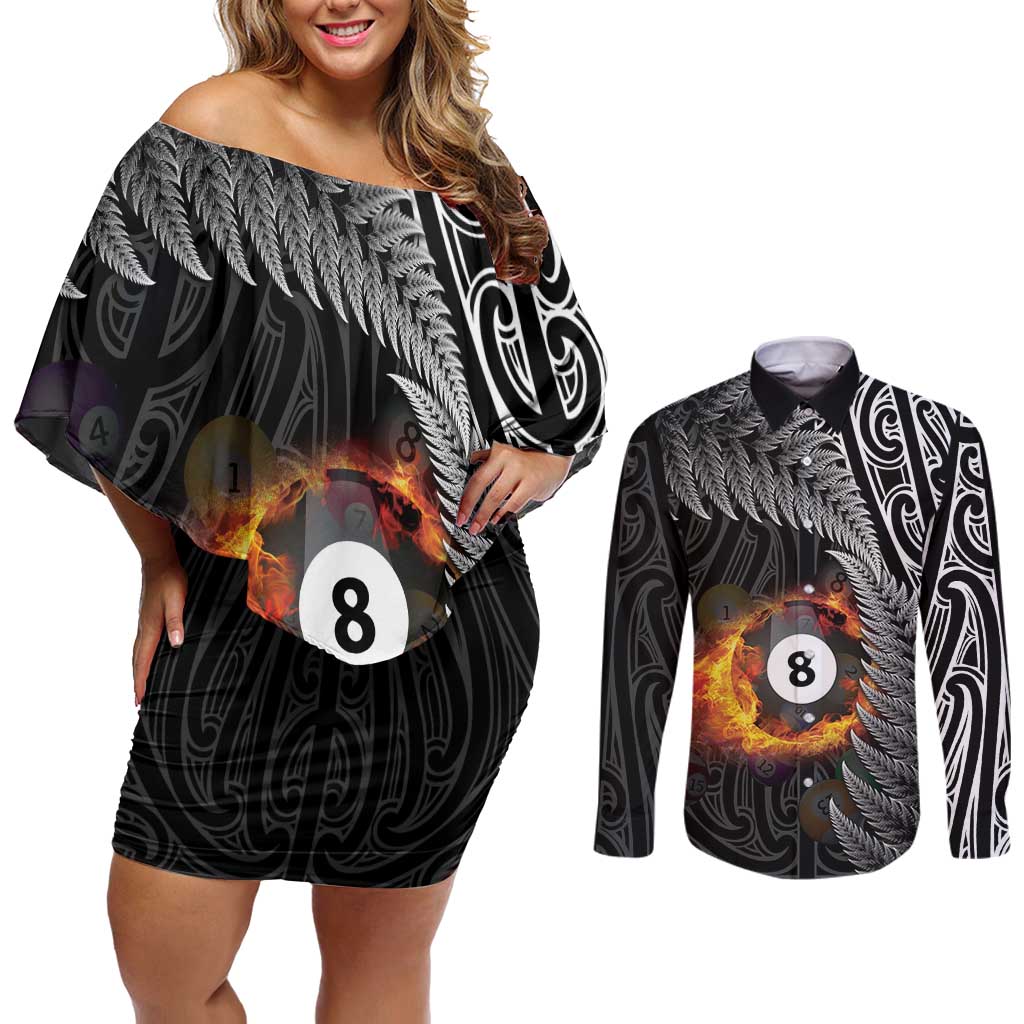 Personalised New Zealand Billiards Couples Matching Off Shoulder Short Dress and Long Sleeve Button Shirt Maori Fern On Fire 8 Ball LT14 Black - Polynesian Pride