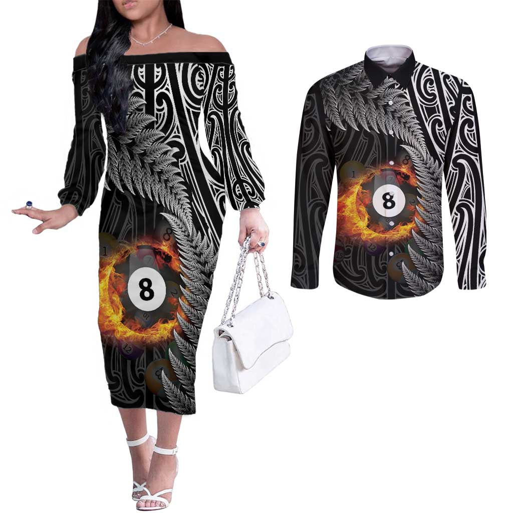 Personalised New Zealand Billiards Couples Matching Off The Shoulder Long Sleeve Dress and Long Sleeve Button Shirt Maori Fern On Fire 8 Ball LT14 Black - Polynesian Pride