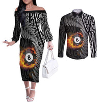 Personalised New Zealand Billiards Couples Matching Off The Shoulder Long Sleeve Dress and Long Sleeve Button Shirt Maori Fern On Fire 8 Ball LT14 Black - Polynesian Pride