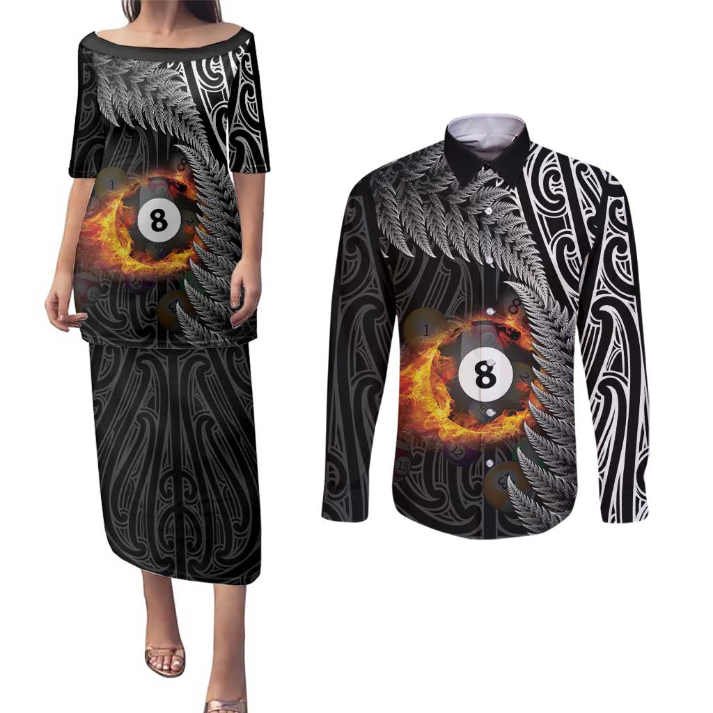 Personalised New Zealand Billiards Couples Matching Puletasi and Long Sleeve Button Shirt Maori Fern On Fire 8 Ball LT14 Black - Polynesian Pride