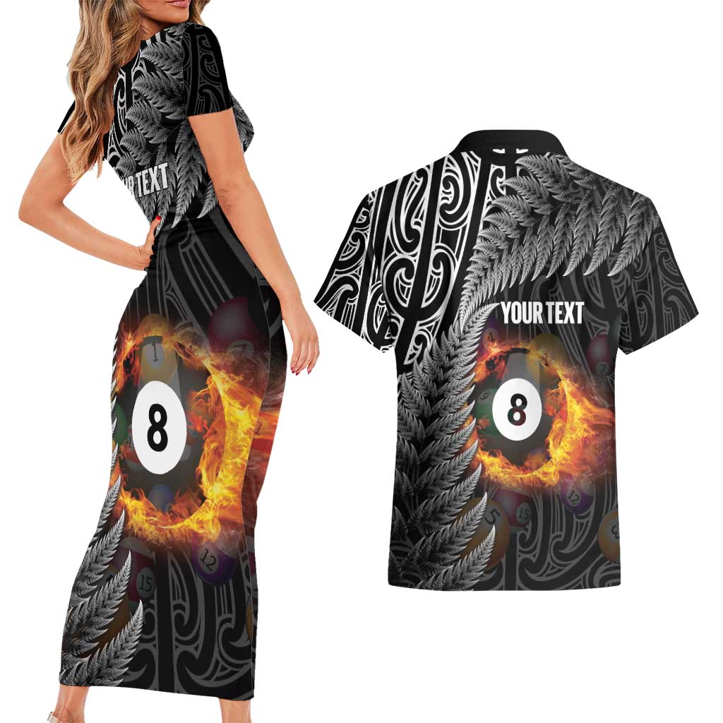 Personalised New Zealand Billiards Couples Matching Short Sleeve Bodycon Dress and Hawaiian Shirt Maori Fern On Fire 8 Ball LT14 - Polynesian Pride
