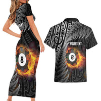 Personalised New Zealand Billiards Couples Matching Short Sleeve Bodycon Dress and Hawaiian Shirt Maori Fern On Fire 8 Ball LT14 - Polynesian Pride