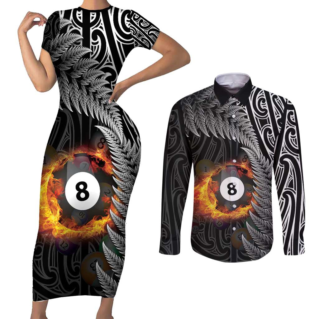 Personalised New Zealand Billiards Couples Matching Short Sleeve Bodycon Dress and Long Sleeve Button Shirt Maori Fern On Fire 8 Ball LT14 Black - Polynesian Pride