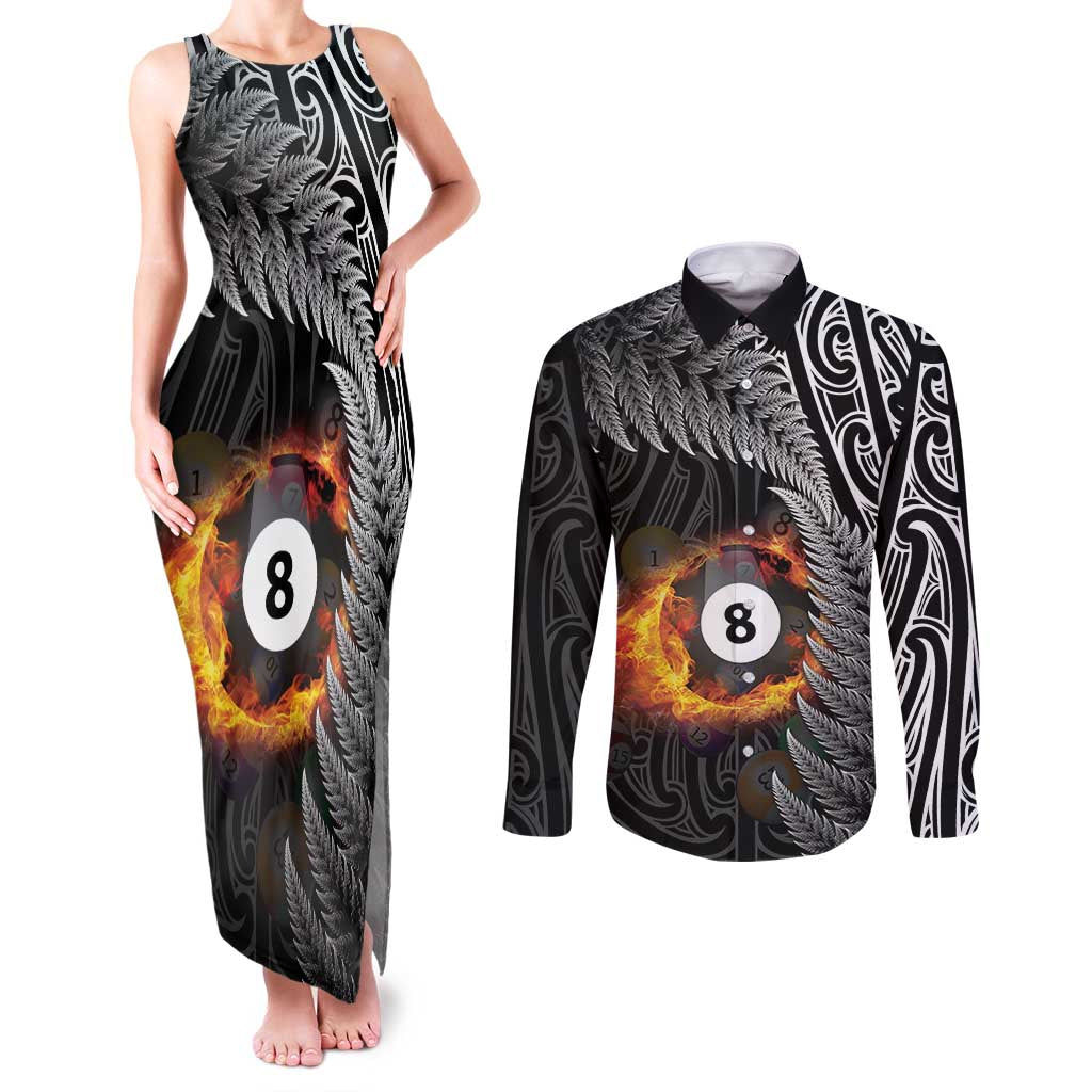 Personalised New Zealand Billiards Couples Matching Tank Maxi Dress and Long Sleeve Button Shirt Maori Fern On Fire 8 Ball LT14 Black - Polynesian Pride