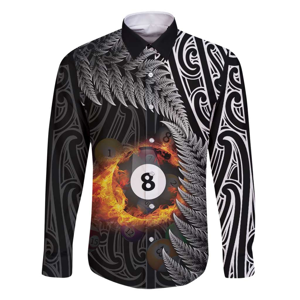 Personalised New Zealand Billiards Family Matching Mermaid Dress and Hawaiian Shirt Maori Fern On Fire 8 Ball LT14 Dad's Shirt - Long Sleeve Black - Polynesian Pride