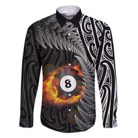 Personalised New Zealand Billiards Family Matching Mermaid Dress and Hawaiian Shirt Maori Fern On Fire 8 Ball LT14 Dad's Shirt - Long Sleeve Black - Polynesian Pride