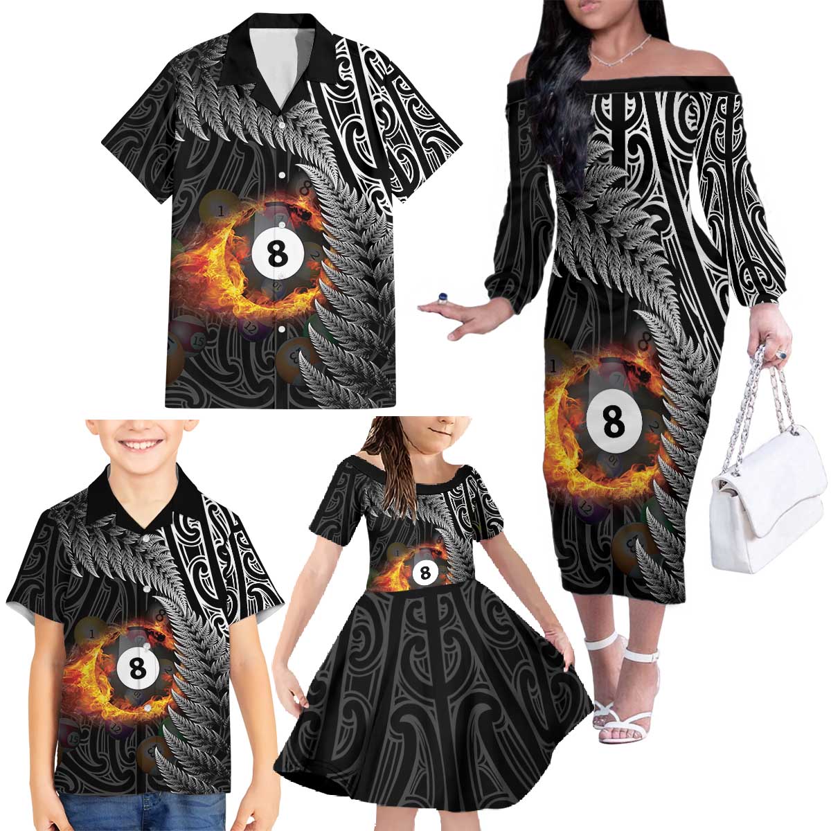Personalised New Zealand Billiards Family Matching Off The Shoulder Long Sleeve Dress and Hawaiian Shirt Maori Fern On Fire 8 Ball LT14 - Polynesian Pride