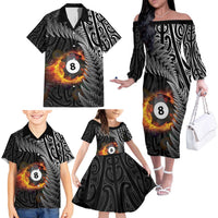 Personalised New Zealand Billiards Family Matching Off The Shoulder Long Sleeve Dress and Hawaiian Shirt Maori Fern On Fire 8 Ball LT14 - Polynesian Pride