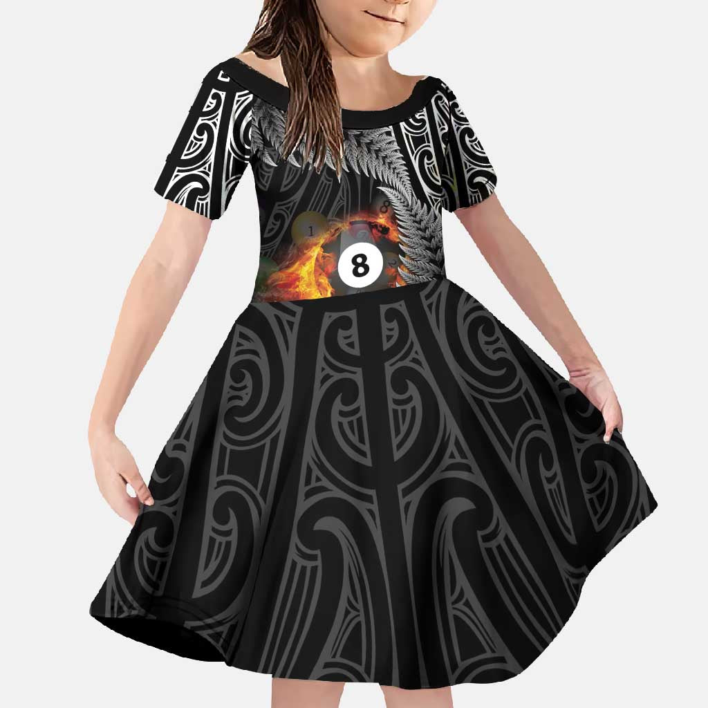 Personalised New Zealand Billiards Family Matching Off Shoulder Maxi Dress and Hawaiian Shirt Maori Fern On Fire 8 Ball LT14 Daughter's Dress Black - Polynesian Pride
