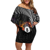Personalised New Zealand Billiards Family Matching Off Shoulder Short Dress and Hawaiian Shirt Maori Fern On Fire 8 Ball LT14 Mom's Dress Black - Polynesian Pride