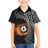 Personalised New Zealand Billiards Family Matching Puletasi and Hawaiian Shirt Maori Fern On Fire 8 Ball LT14 Son's Shirt Black - Polynesian Pride