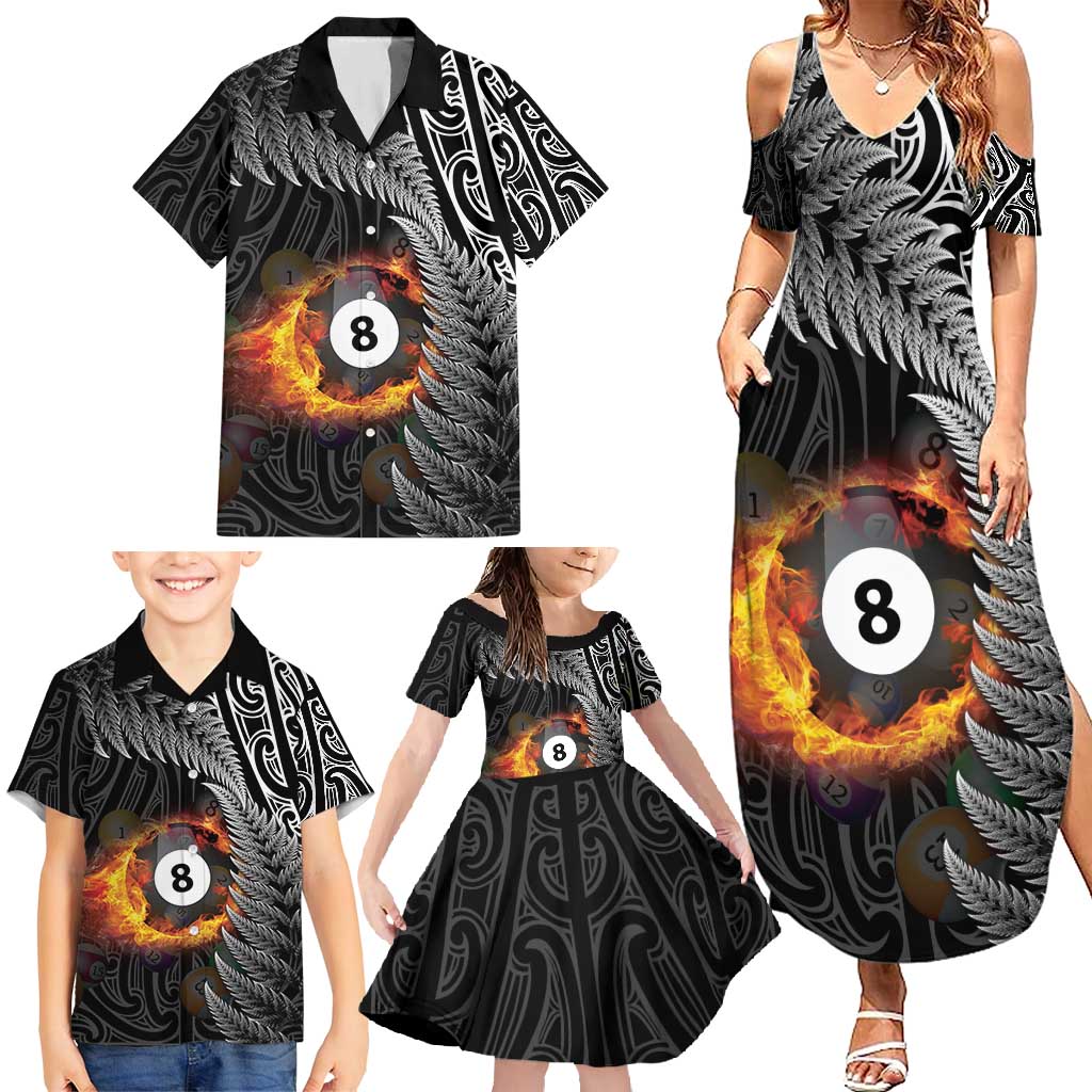 Personalised New Zealand Billiards Family Matching Summer Maxi Dress and Hawaiian Shirt Maori Fern On Fire 8 Ball LT14 - Polynesian Pride