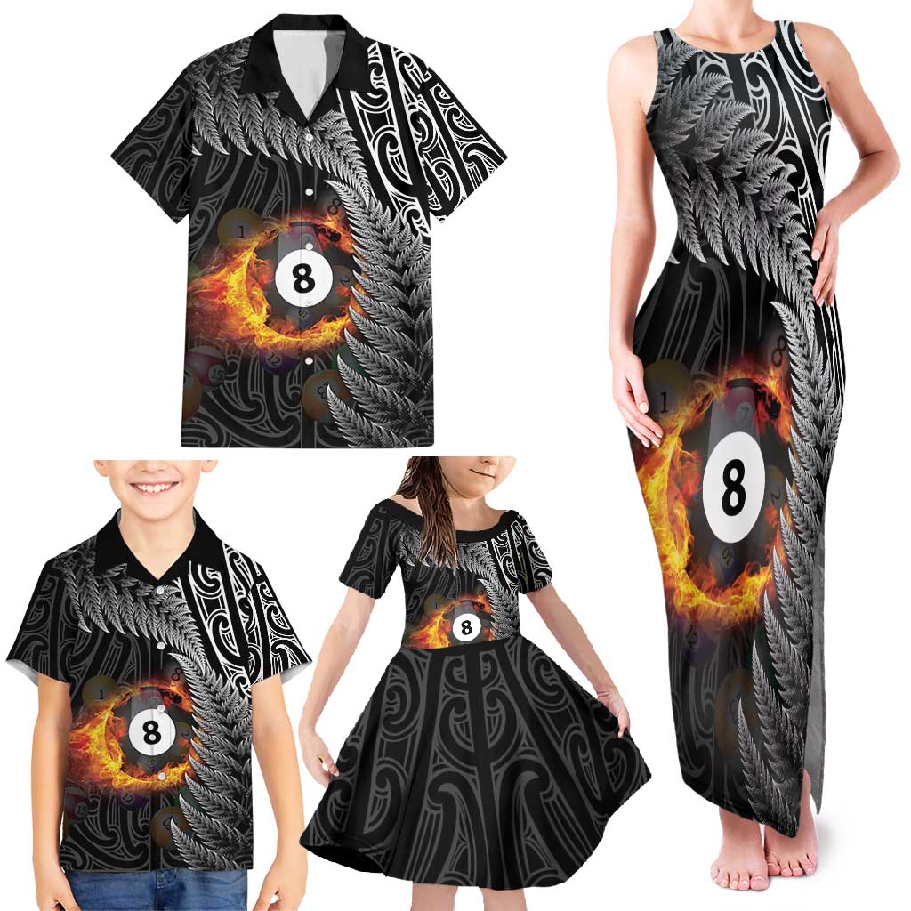 Personalised New Zealand Billiards Family Matching Tank Maxi Dress and Hawaiian Shirt Maori Fern On Fire 8 Ball LT14 - Polynesian Pride
