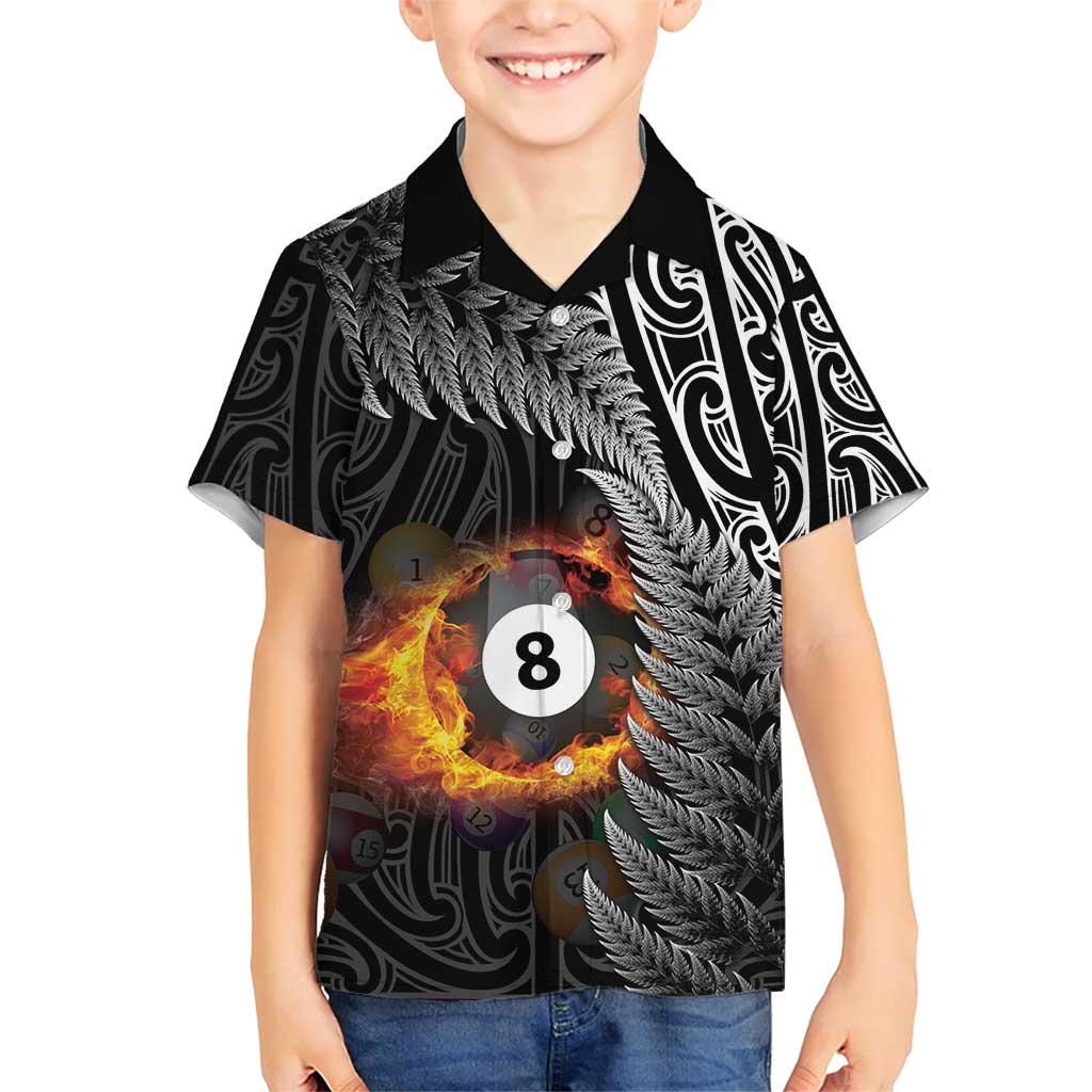 Personalised New Zealand Billiards Kid Hawaiian Shirt Maori Fern On Fire 8 Ball LT14 Kid Black - Polynesian Pride