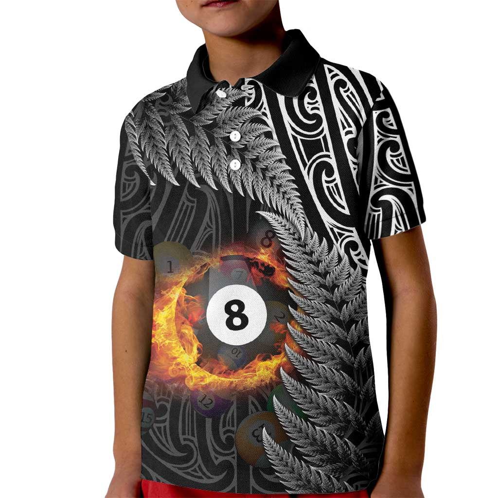 Personalised New Zealand Billiards Kid Polo Shirt Maori Fern On Fire 8 Ball LT14 Kid Black - Polynesian Pride