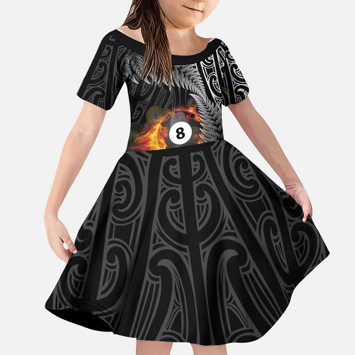 Personalised New Zealand Billiards Kid Short Sleeve Dress Maori Fern On Fire 8 Ball LT14 KID Black - Polynesian Pride