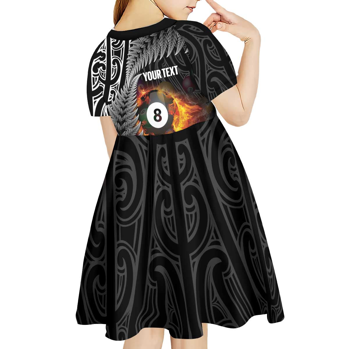 Personalised New Zealand Billiards Kid Short Sleeve Dress Maori Fern On Fire 8 Ball LT14 - Polynesian Pride