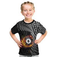 Personalised New Zealand Billiards Kid T Shirt Maori Fern On Fire 8 Ball LT14 Black - Polynesian Pride